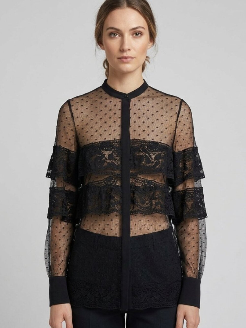 'Kiton Napoli' Luxury Black Silk & Lace Tiered Ruffle Sheer Blouse Top